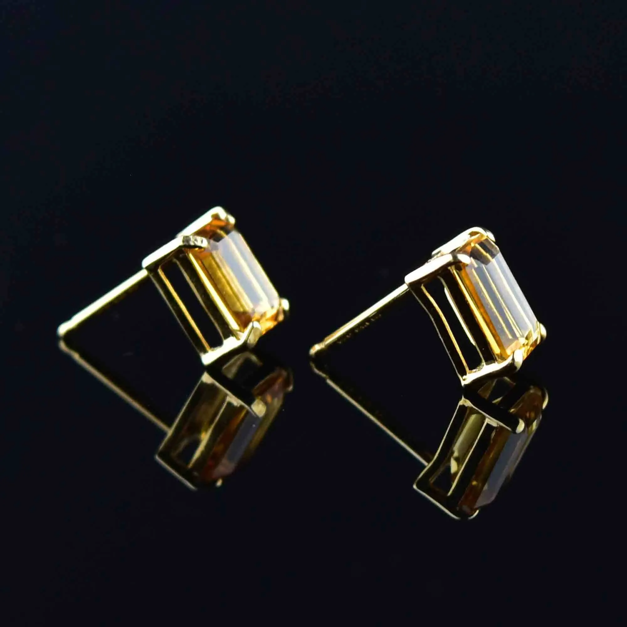 14K Gold Emerald Step Cut Citrine Stud Earrings