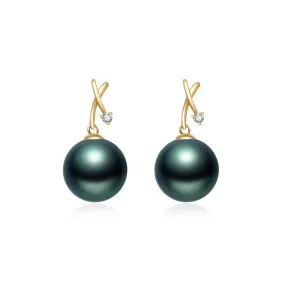 18K Solid Gold Diamond Tahitian Pearl Earrings KE00128