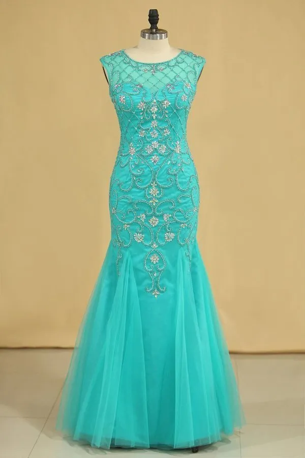 2024 Plus Size Scoop Mermaid Prom Dresses Beaded Bodice Tulle Floor P4TJB3YL