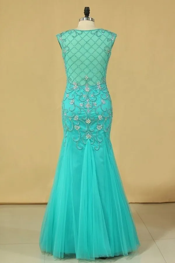 2024 Plus Size Scoop Mermaid Prom Dresses Beaded Bodice Tulle Floor P4TJB3YL