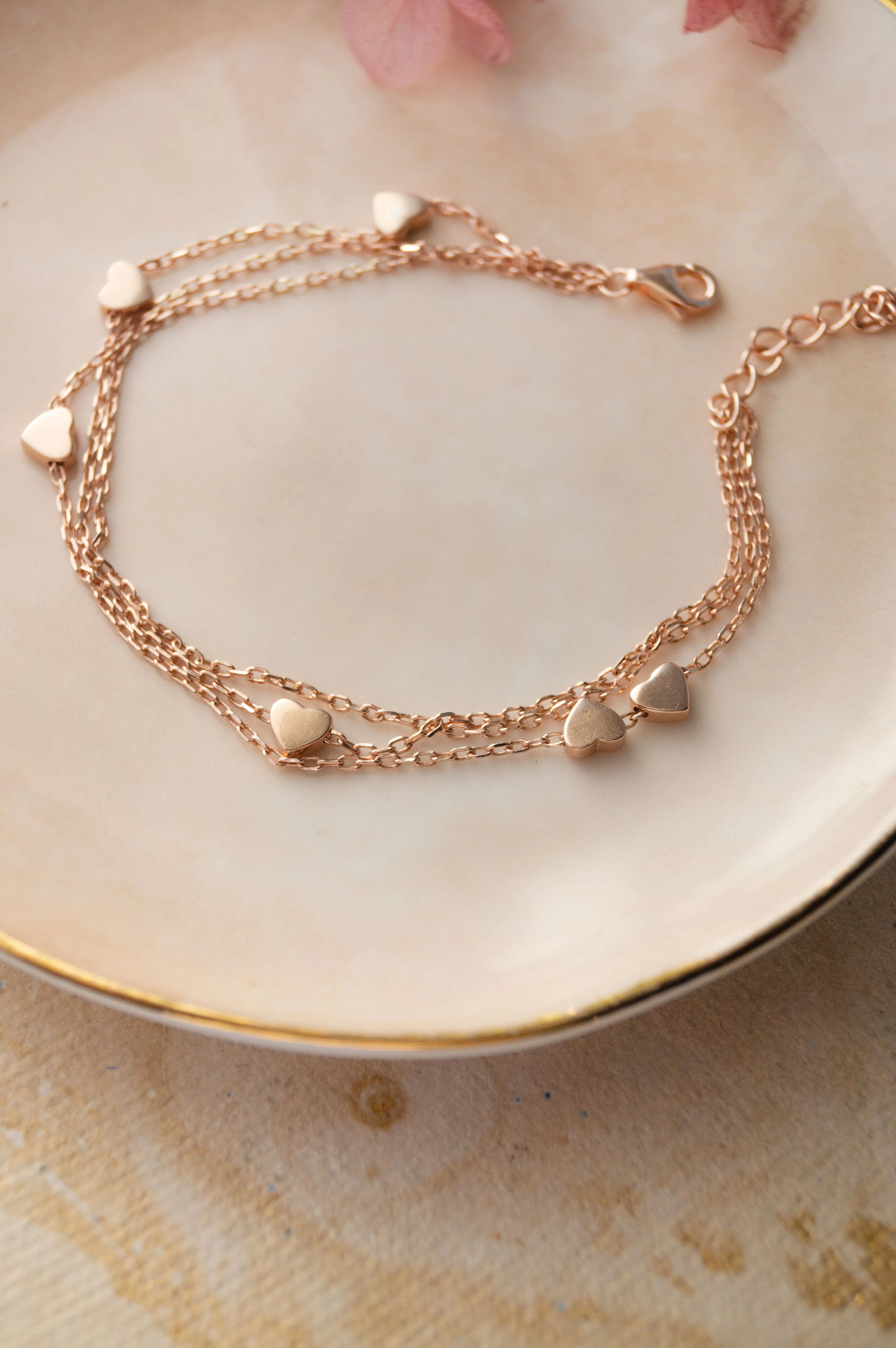 3 Layer Dancing Hearts Rose Gold Plated Sterling Silver Chain Bracelet