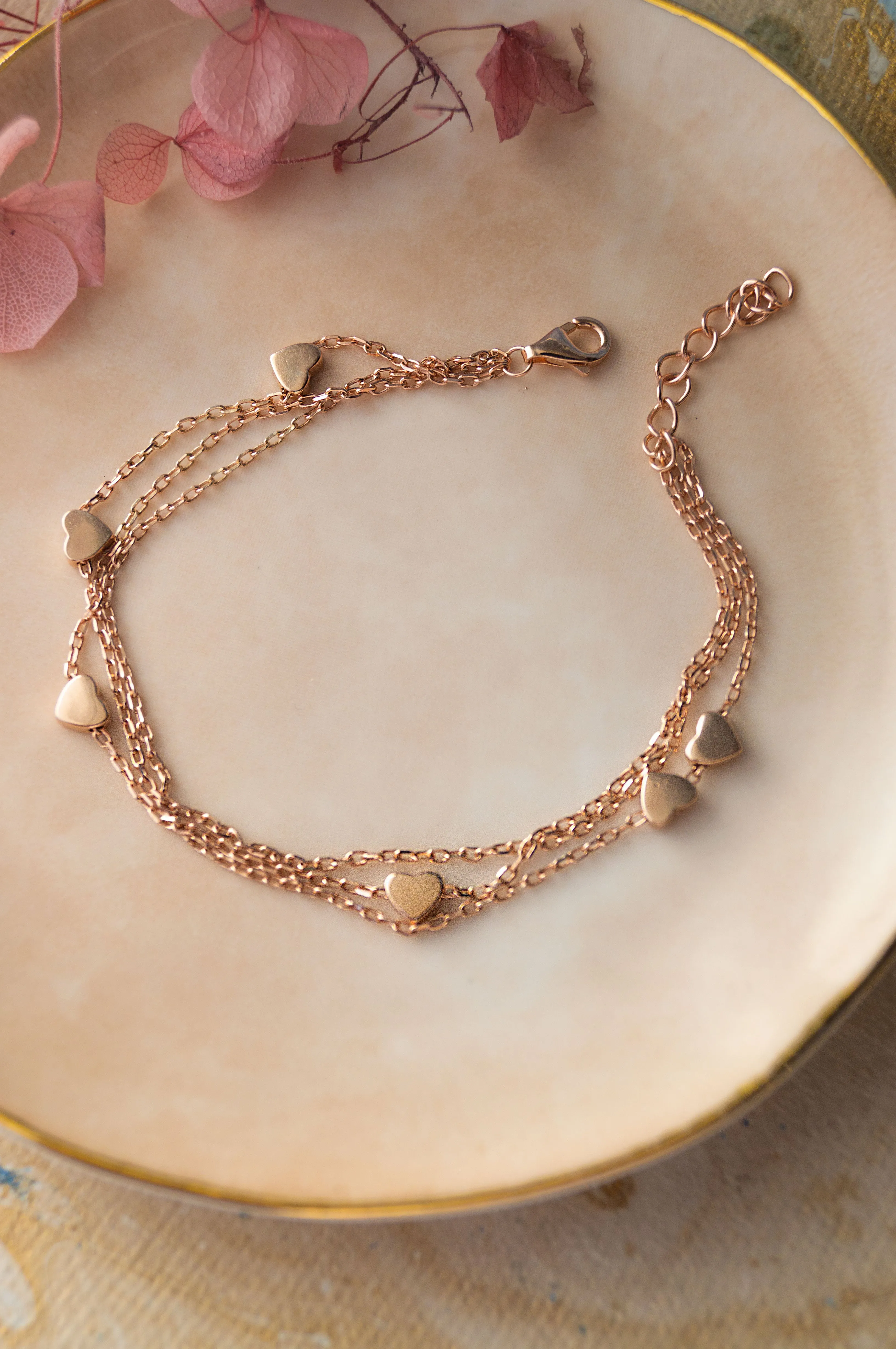 3 Layer Dancing Hearts Rose Gold Plated Sterling Silver Chain Bracelet