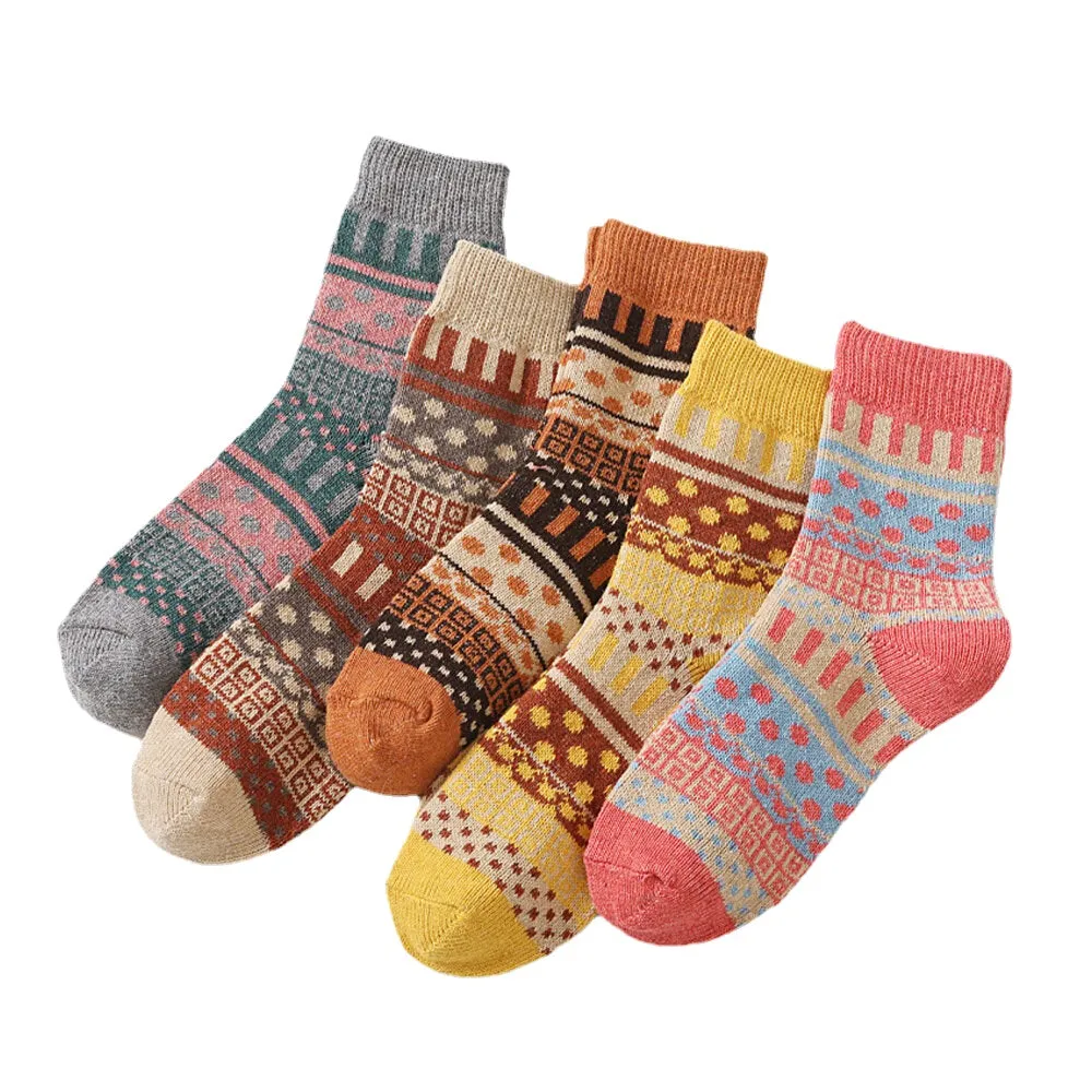 5 Pairs Women Wool Cotton Thickened Geometric Striped Dot Pattern Breathable Warmth Socks Tube Sock