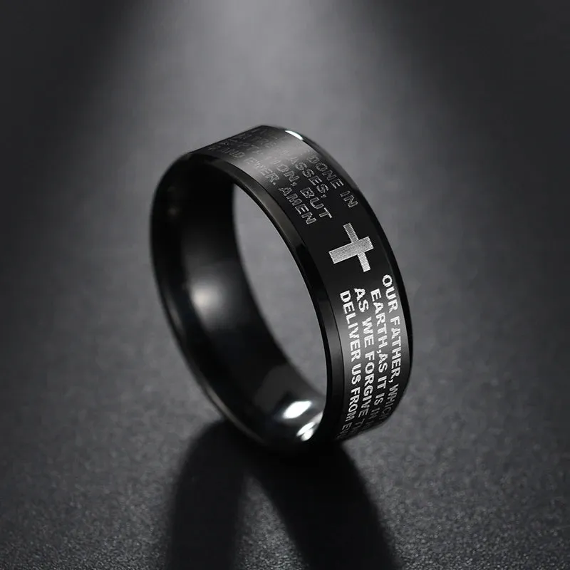 8mm Tungsten Carbide Black Ring Engraved English Bible Lords Prayer Cross Band