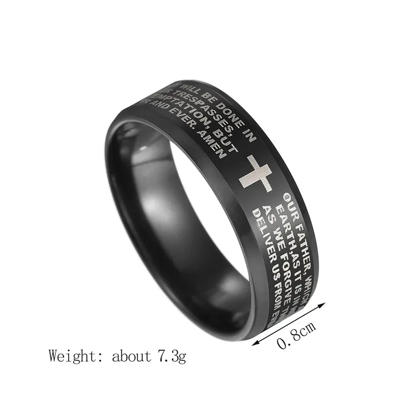 8mm Tungsten Carbide Black Ring Engraved English Bible Lords Prayer Cross Band