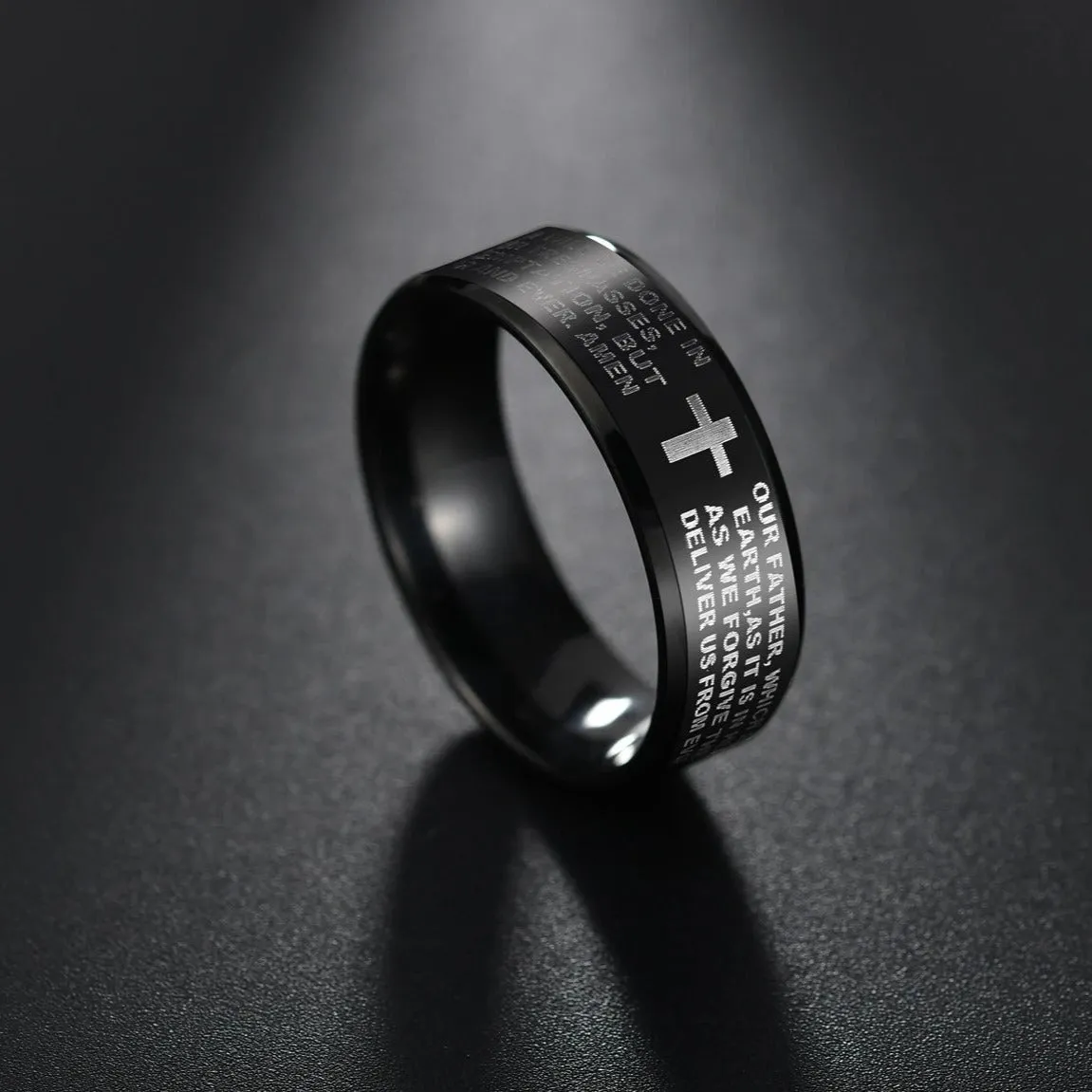 8mm Tungsten Carbide Black Ring Engraved English Bible Lords Prayer Cross Band