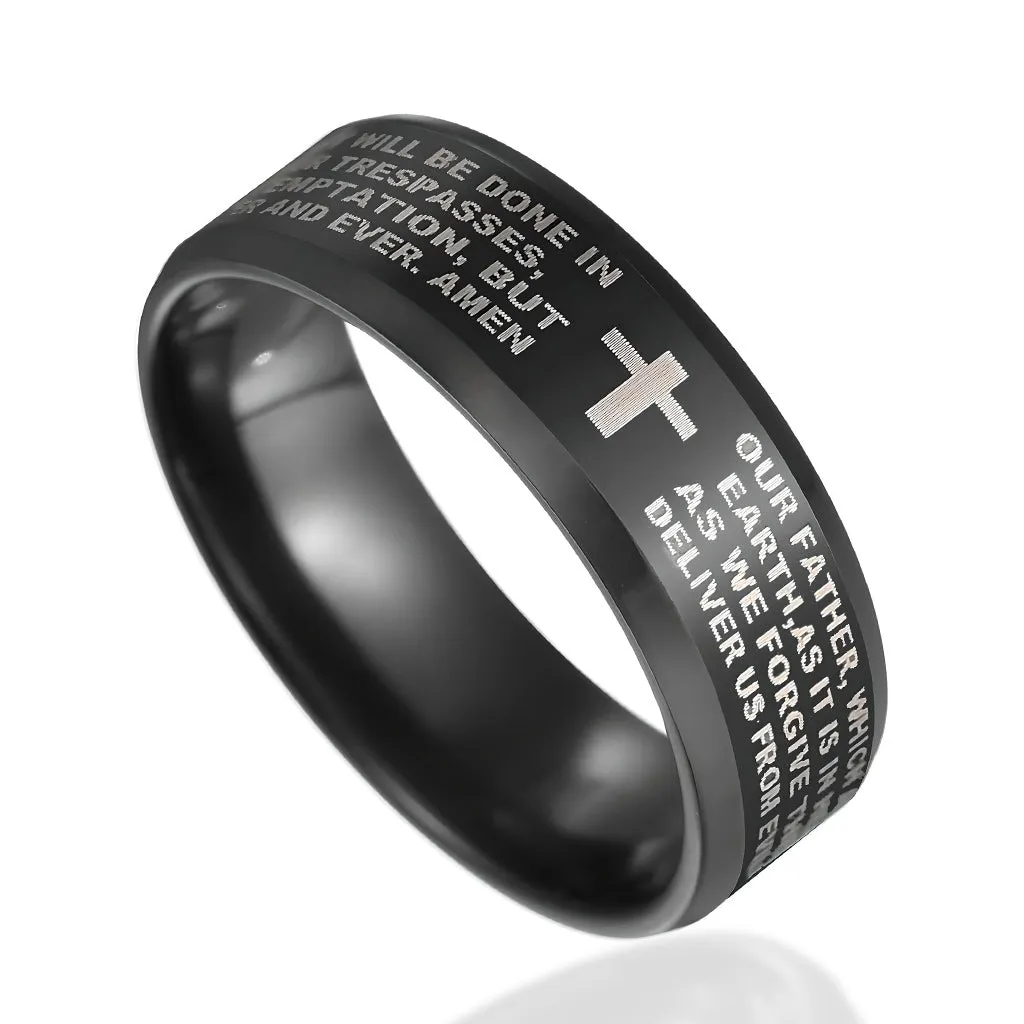 8mm Tungsten Carbide Black Ring Engraved English Bible Lords Prayer Cross Band