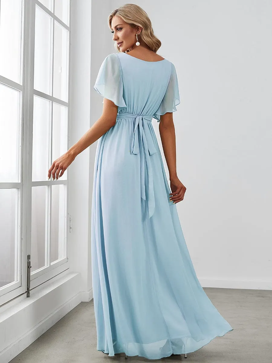 A-Line Bridesmaid Gown with Deep V Neck and Ruffled Sleeves