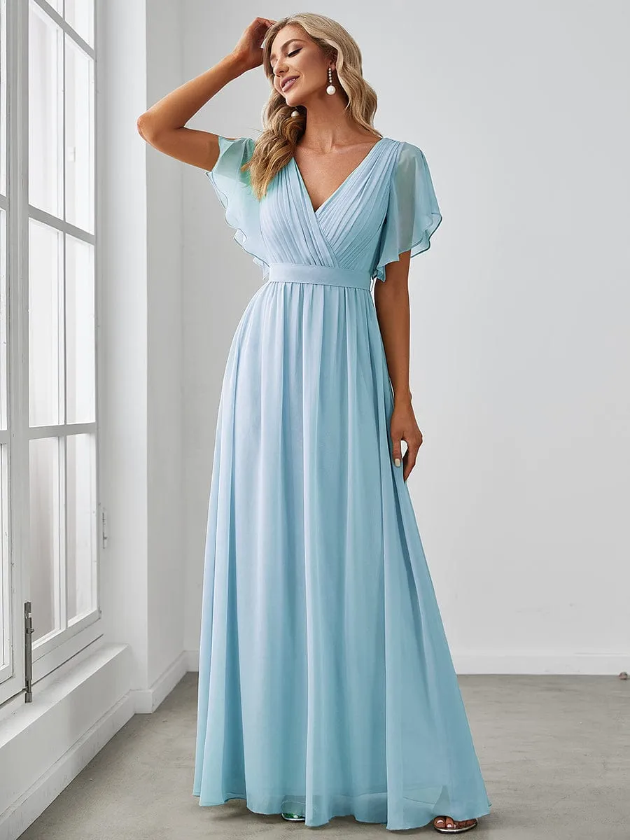 A-Line Bridesmaid Gown with Deep V Neck and Ruffled Sleeves