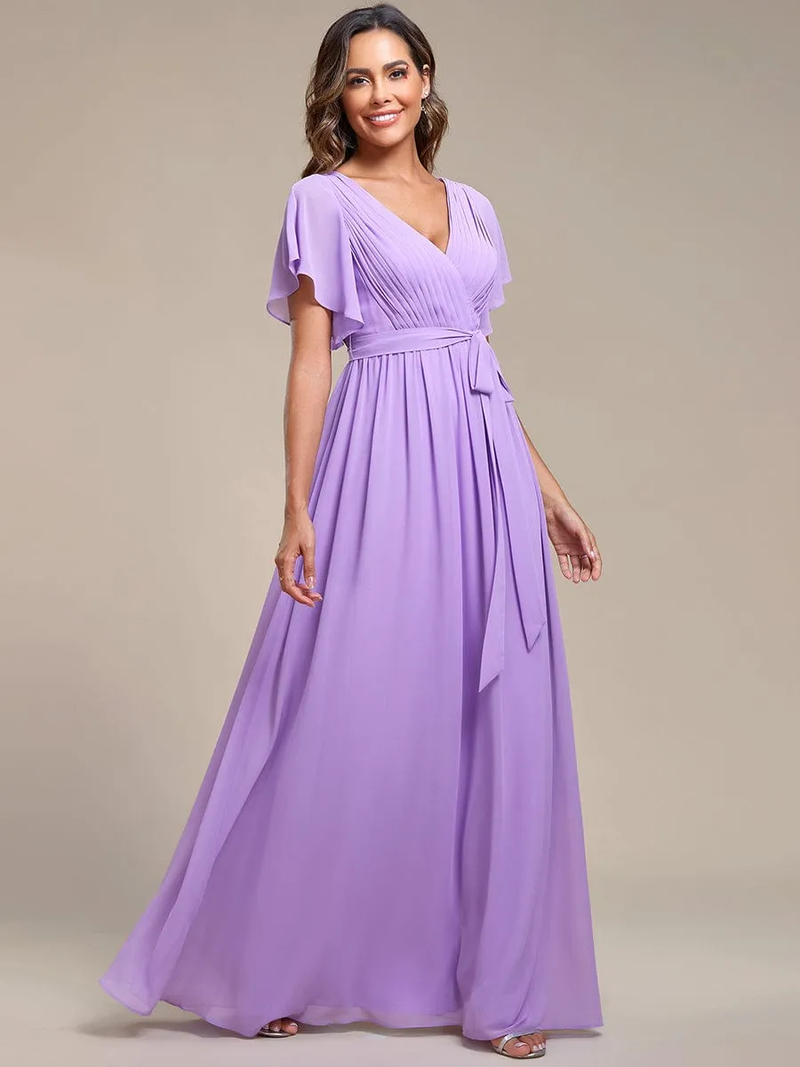 A-Line Bridesmaid Gown with Deep V Neck and Ruffled Sleeves