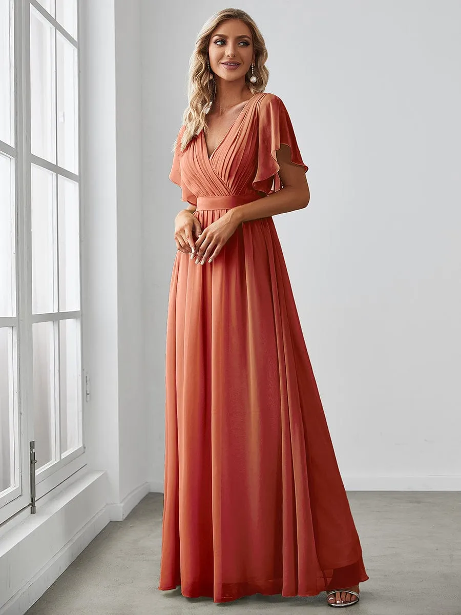 A-Line Bridesmaid Gown with Deep V Neck and Ruffled Sleeves