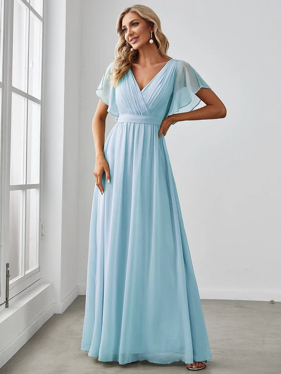 A-Line Bridesmaid Gown with Deep V Neck and Ruffled Sleeves