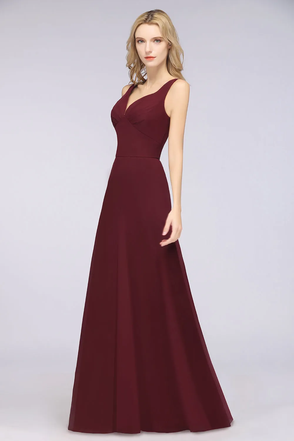 A-Line Chiffon V-Neck Straps Sleeveless Open Back Long Bridesmaid Dress