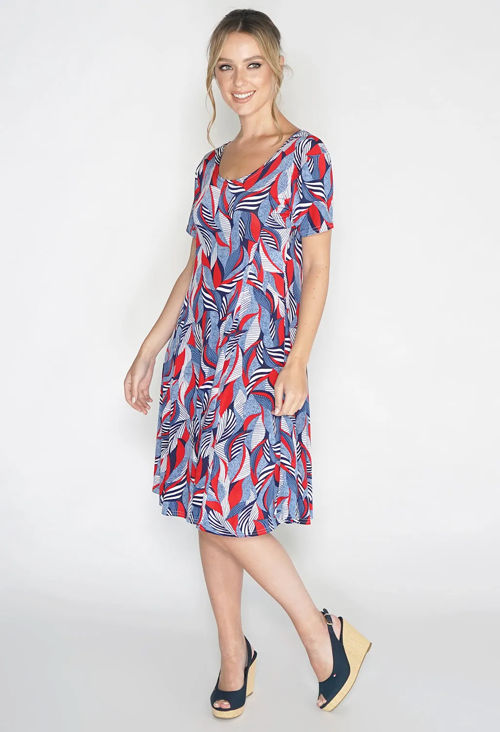 Abstract Red Leaf Print Swing Dress