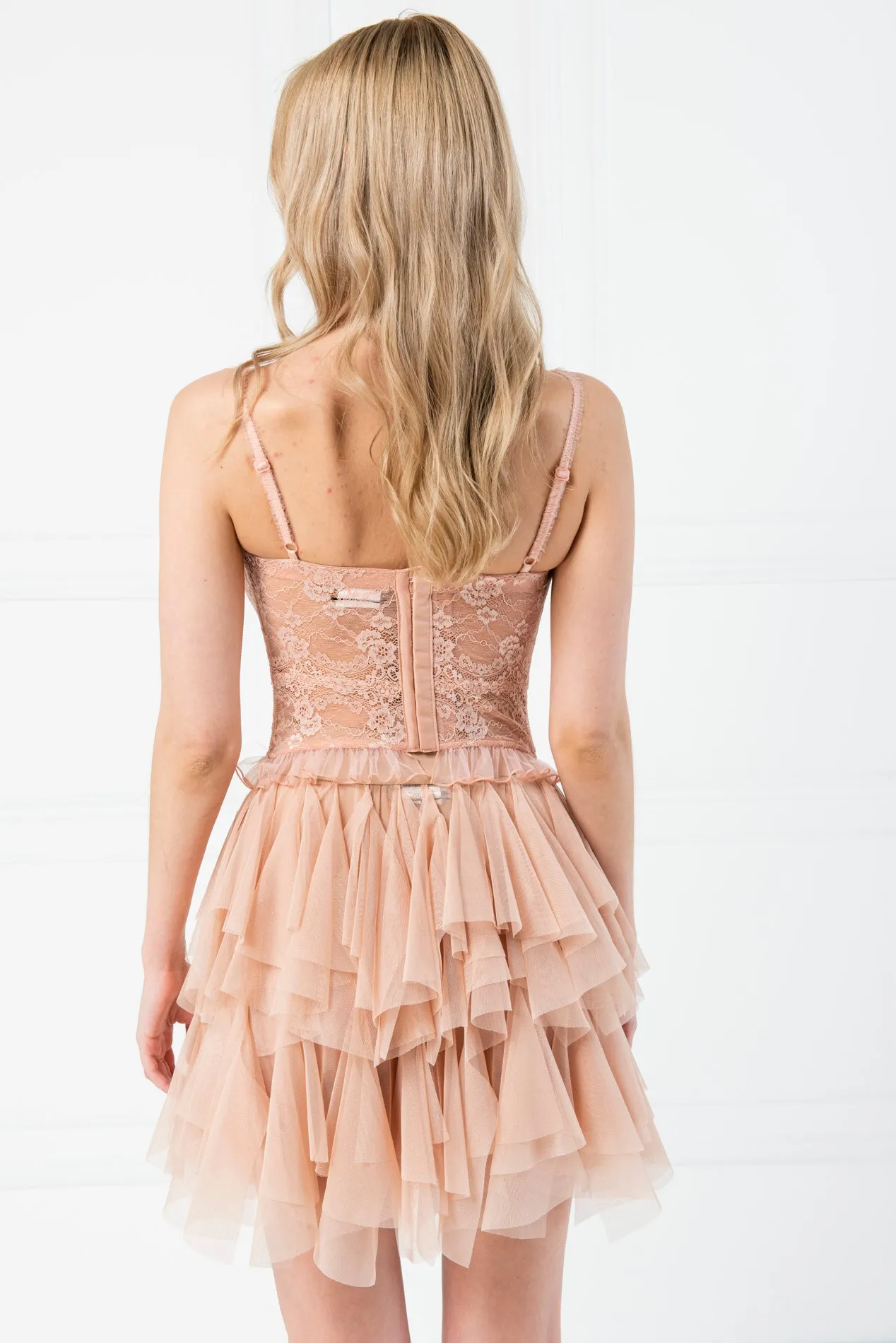 Alix Lace Demi Ruffle Trim Lace up Bustier Corset - Georgia Peach