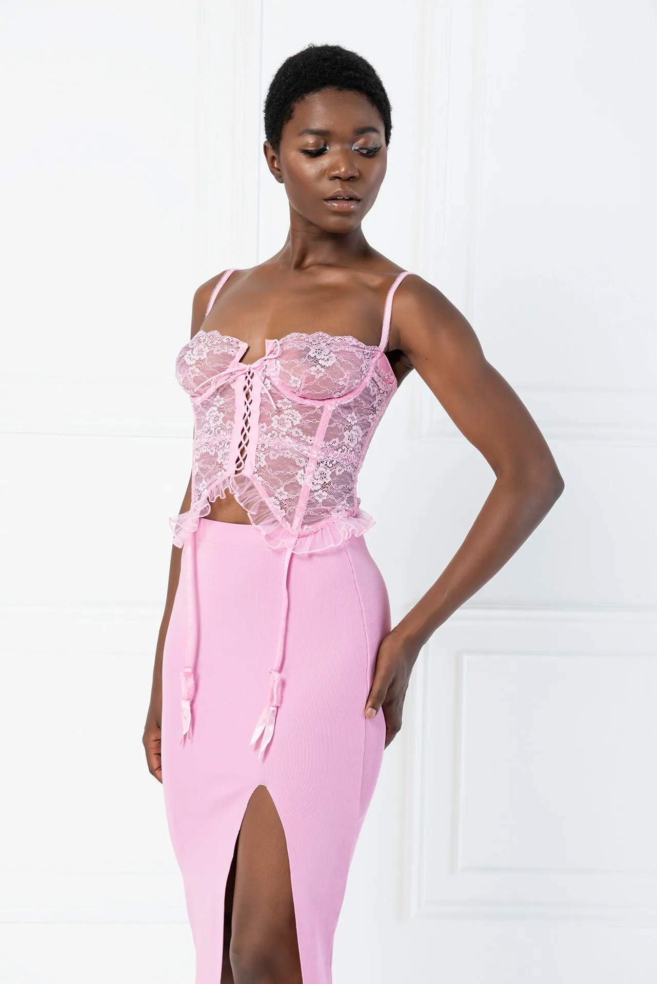 Alix Lace Demi Ruffle Trim Lace up Bustier Corset - Pink