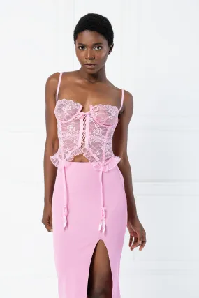 Alix Lace Demi Ruffle Trim Lace up Bustier Corset - Pink