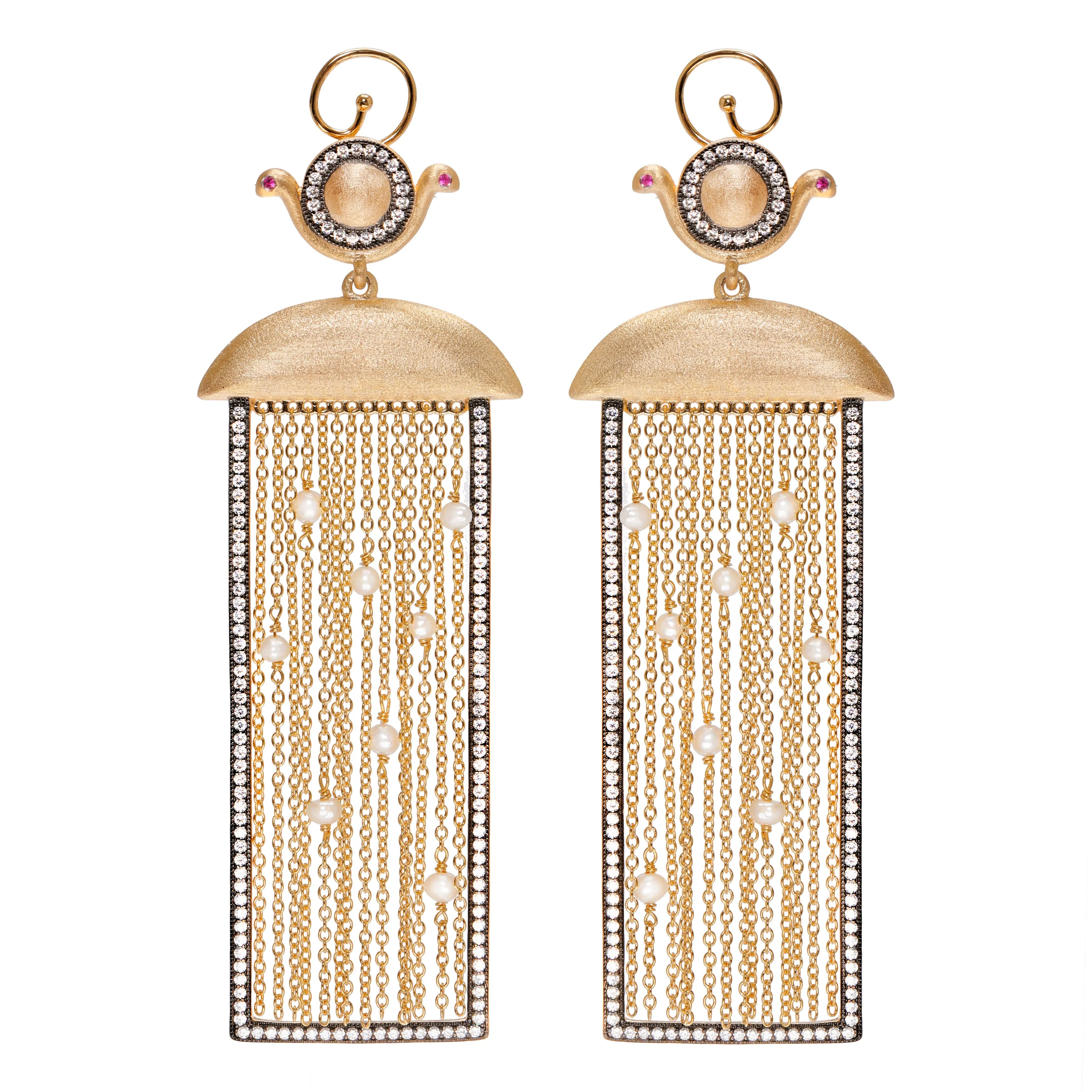 AMMANII Drop Earrings with Freshwater Pearls and Tassels Vermeil Gold