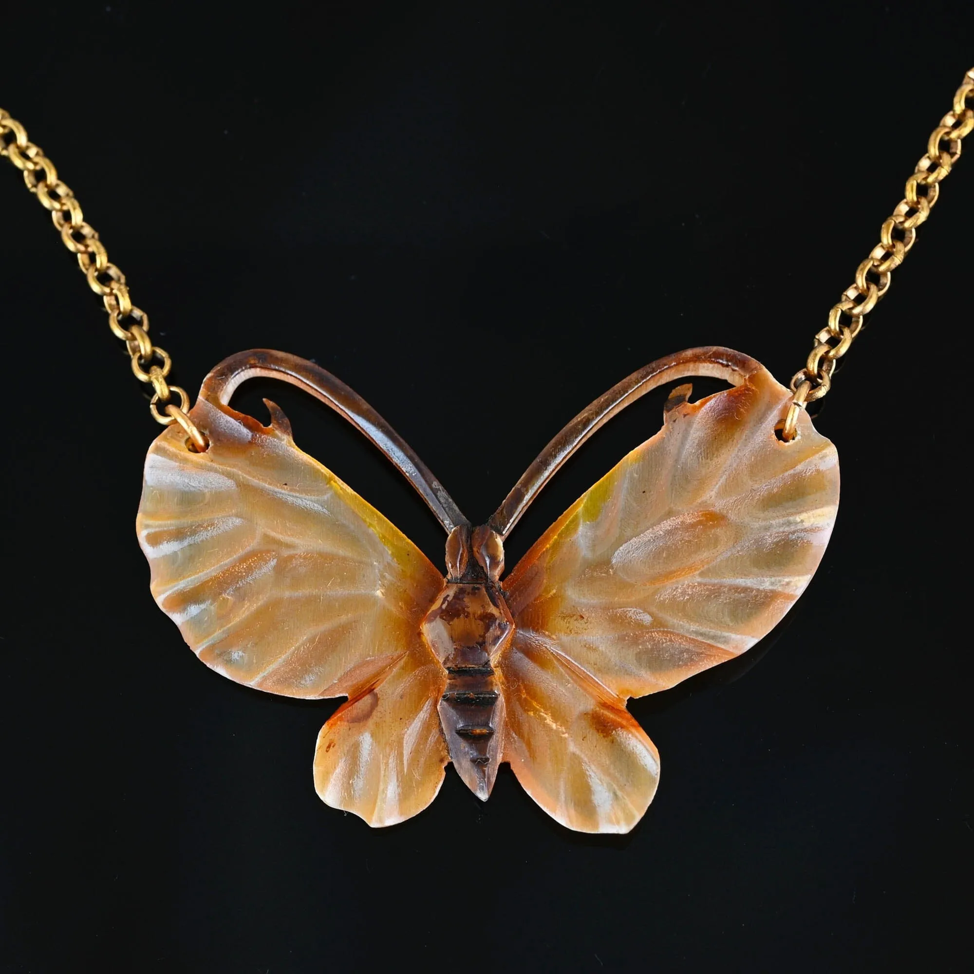 Art Nouveau French Carved Horn Butterfly Necklace