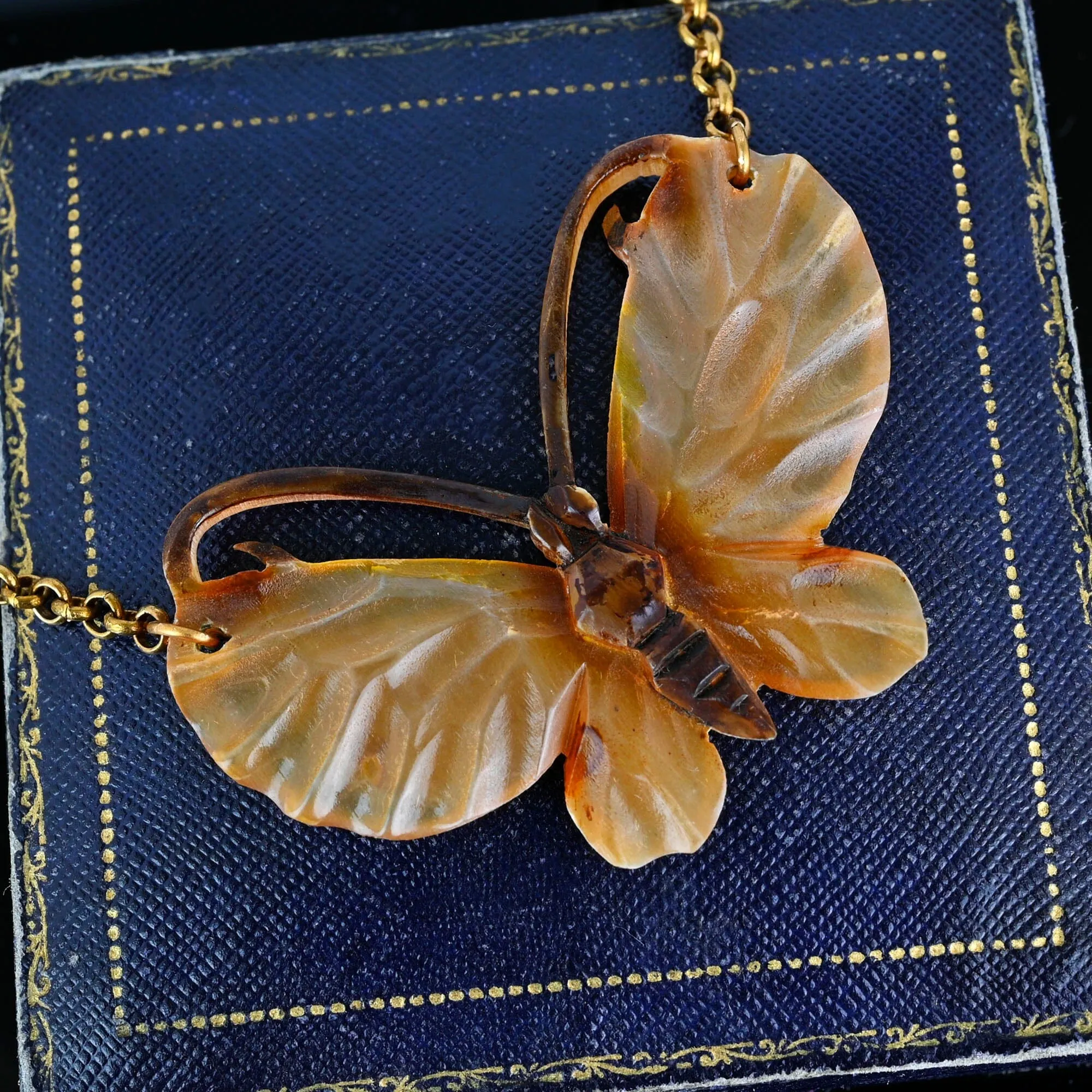 Art Nouveau French Carved Horn Butterfly Necklace