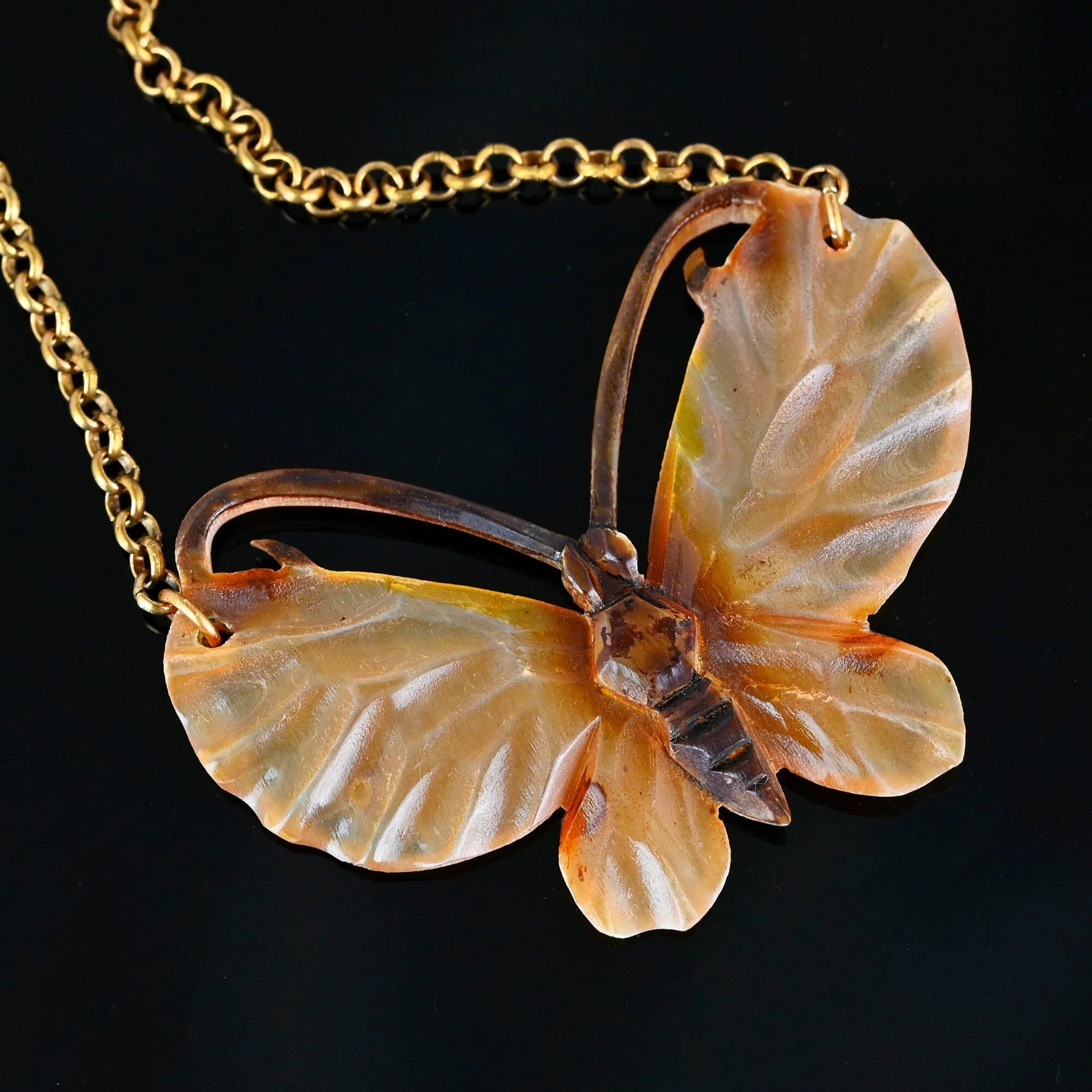 Art Nouveau French Carved Horn Butterfly Necklace