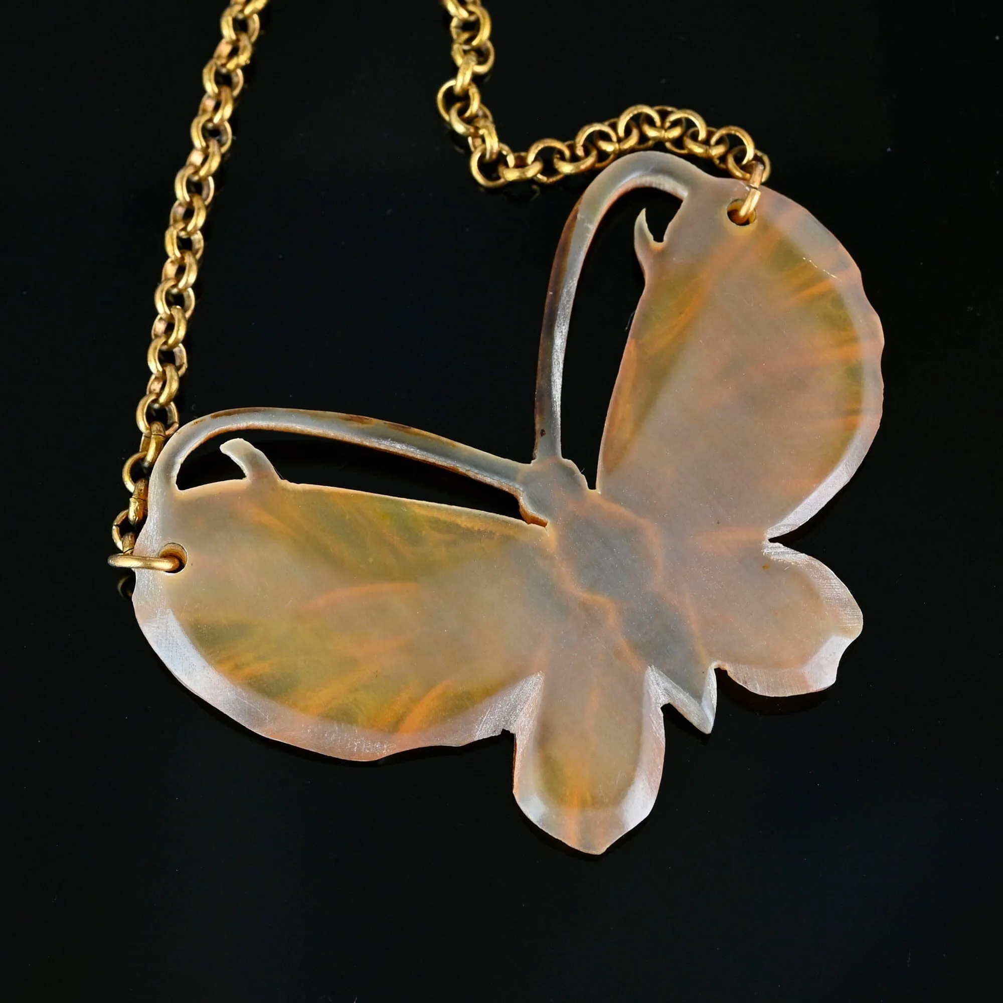 Art Nouveau French Carved Horn Butterfly Necklace