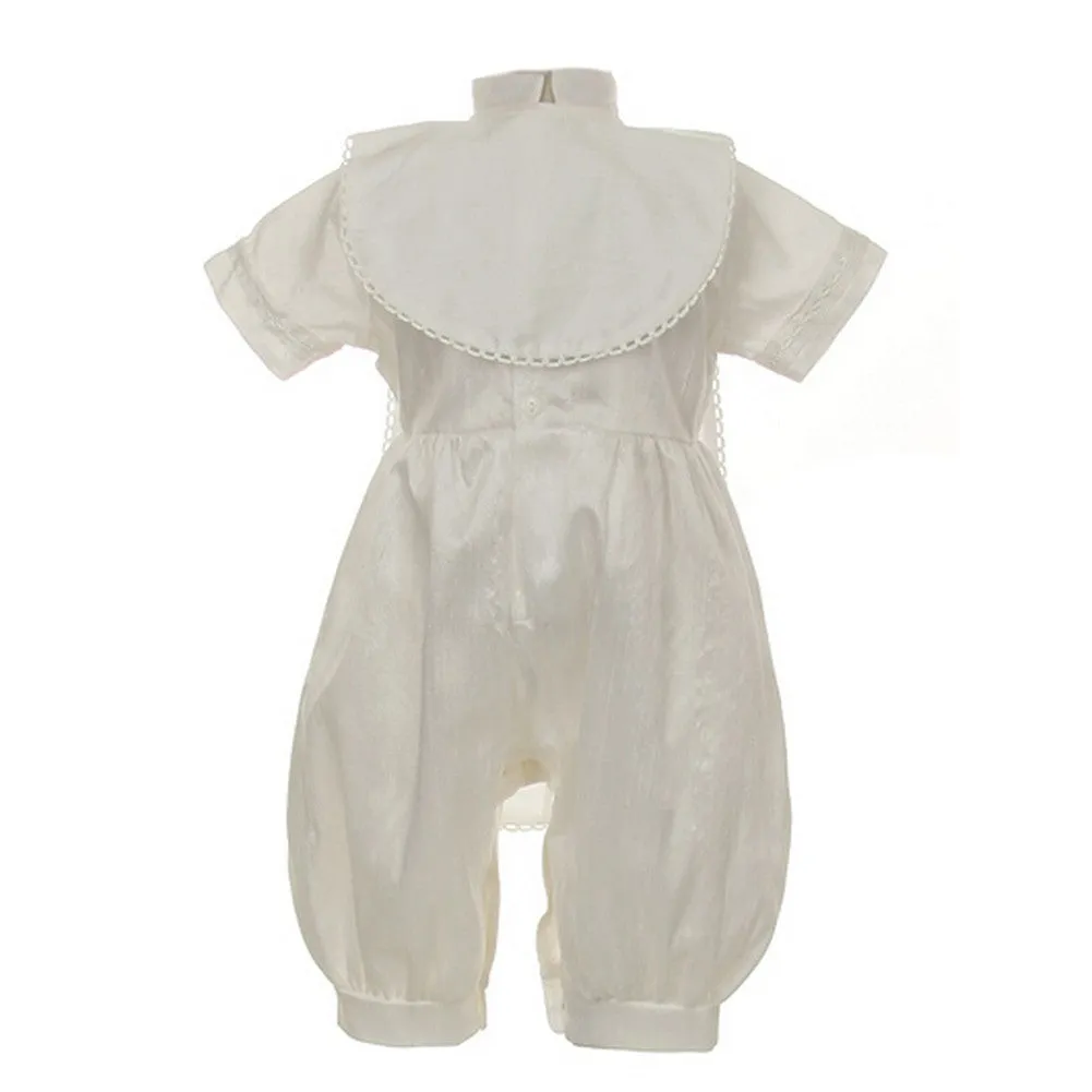 Baby Boys Ivory Silk Button Stole Hat Baptism Romper 6-12M