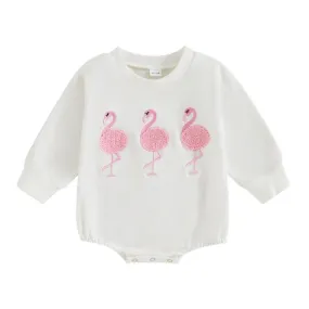 Baby Girls Chenille Long Sleeve Romper Onesie - Pink Flamingo