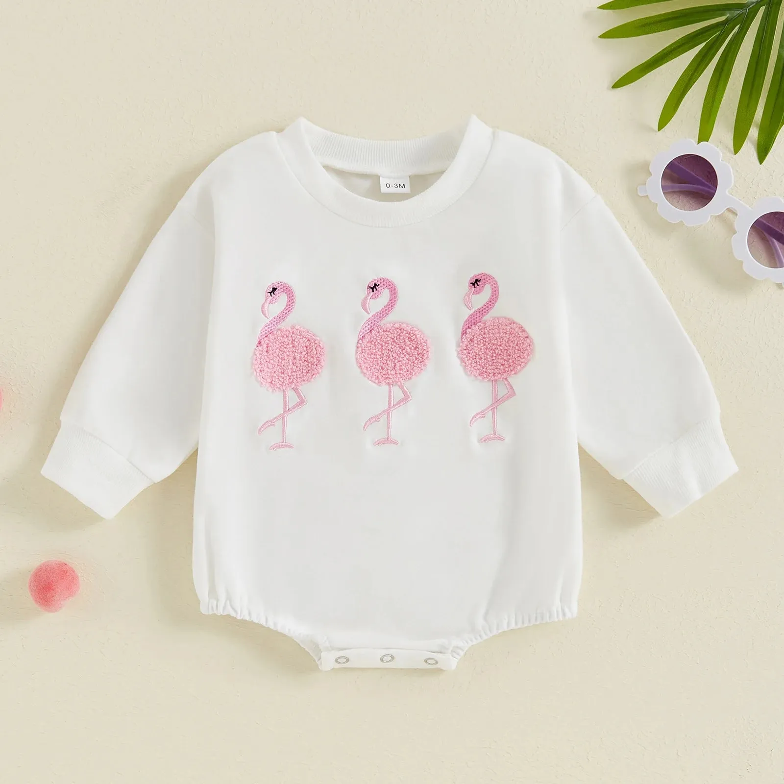 Baby Girls Chenille Long Sleeve Romper Onesie - Pink Flamingo