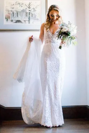 Beautiful V Neck Lace Long Mermaid Beach Wedding Dresses