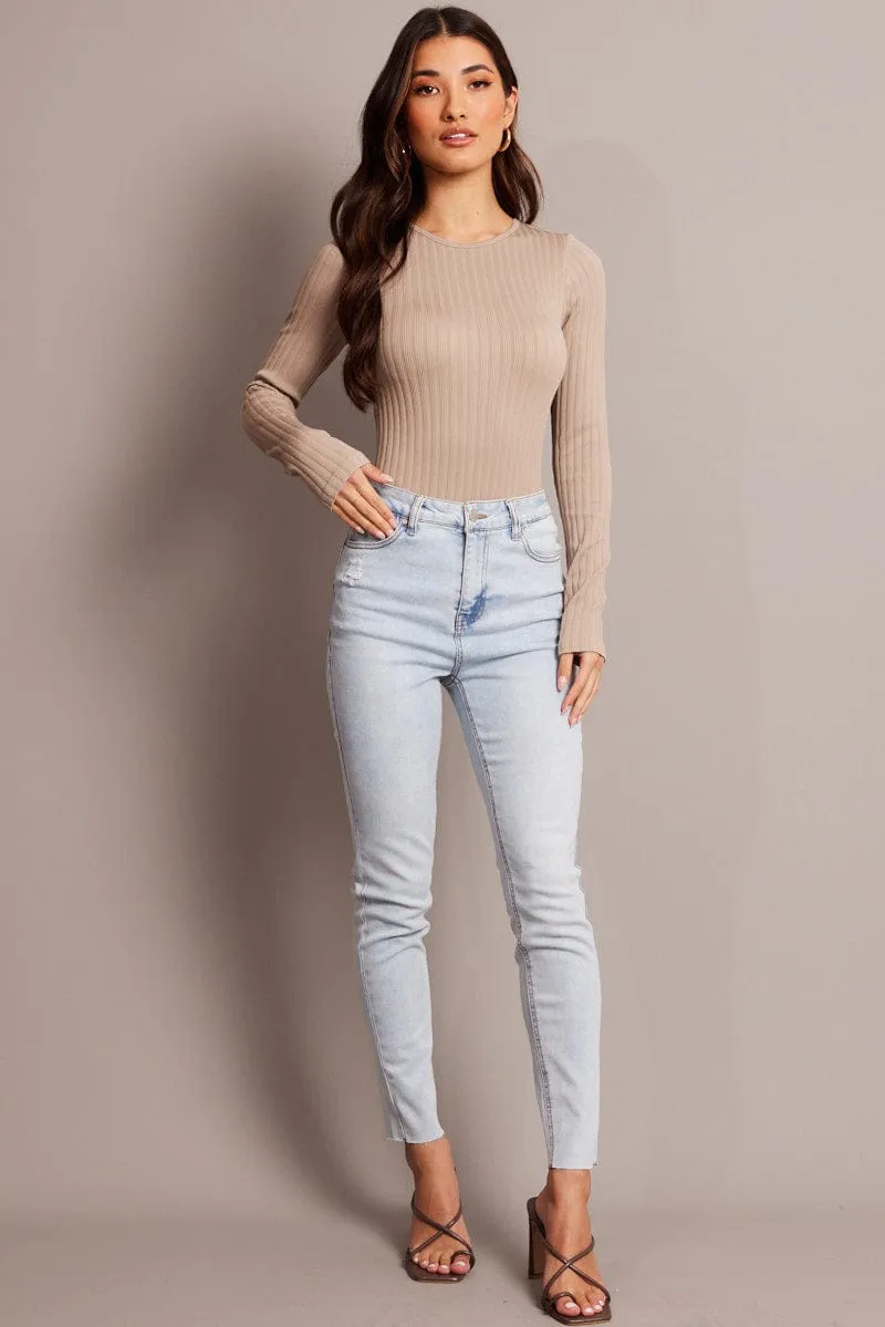 Beige Bodysuit Long Sleeve Crew Neck Seamless