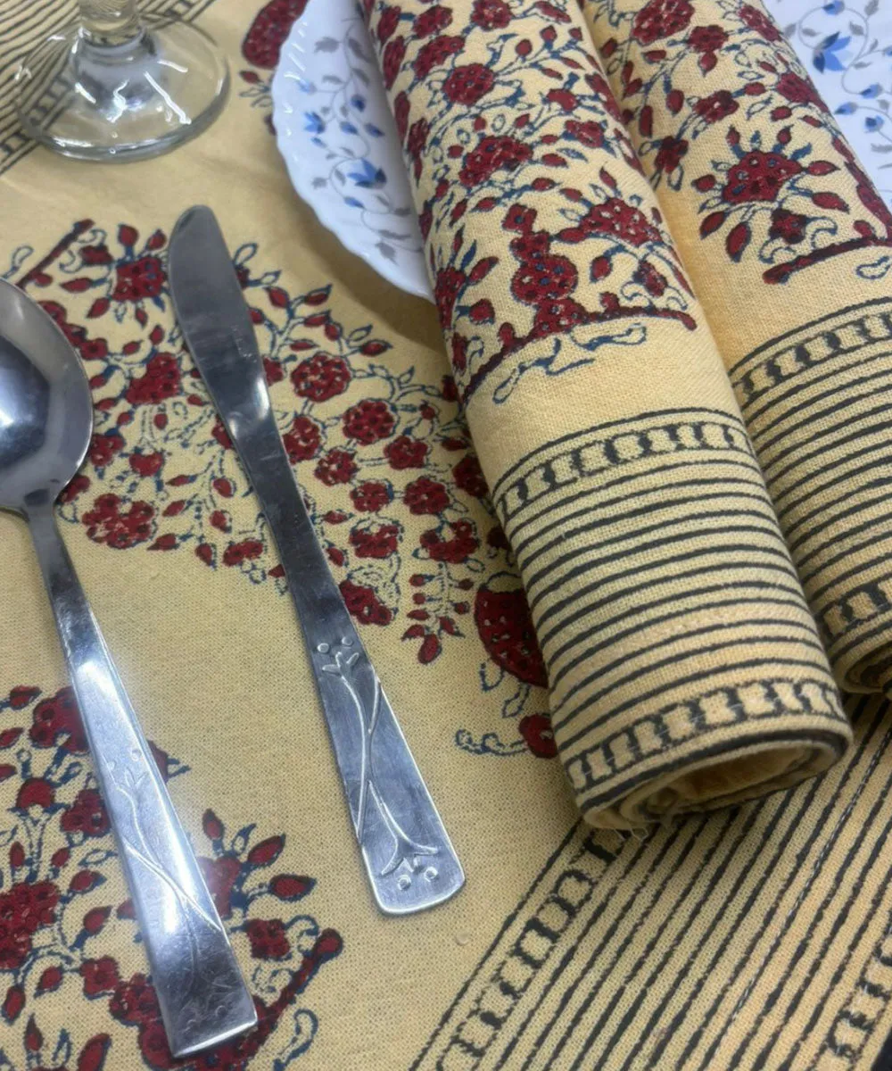 Beige maroon hand block printed cotton set of table mat and runner