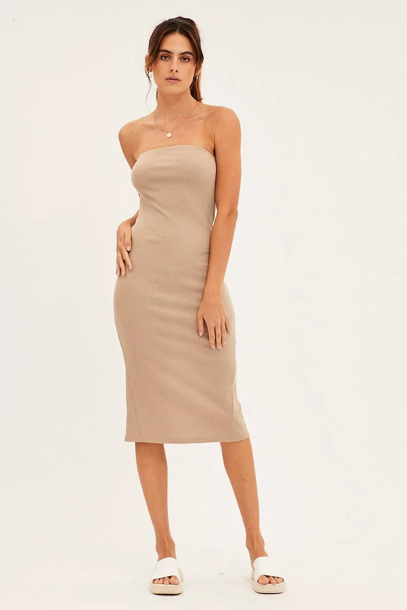 Beige Ribbed Evening Dress Strapless