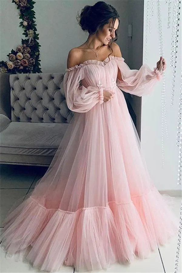 Best Long A-line Off-the-shoulder Tulle Prom Dress with Sleeves