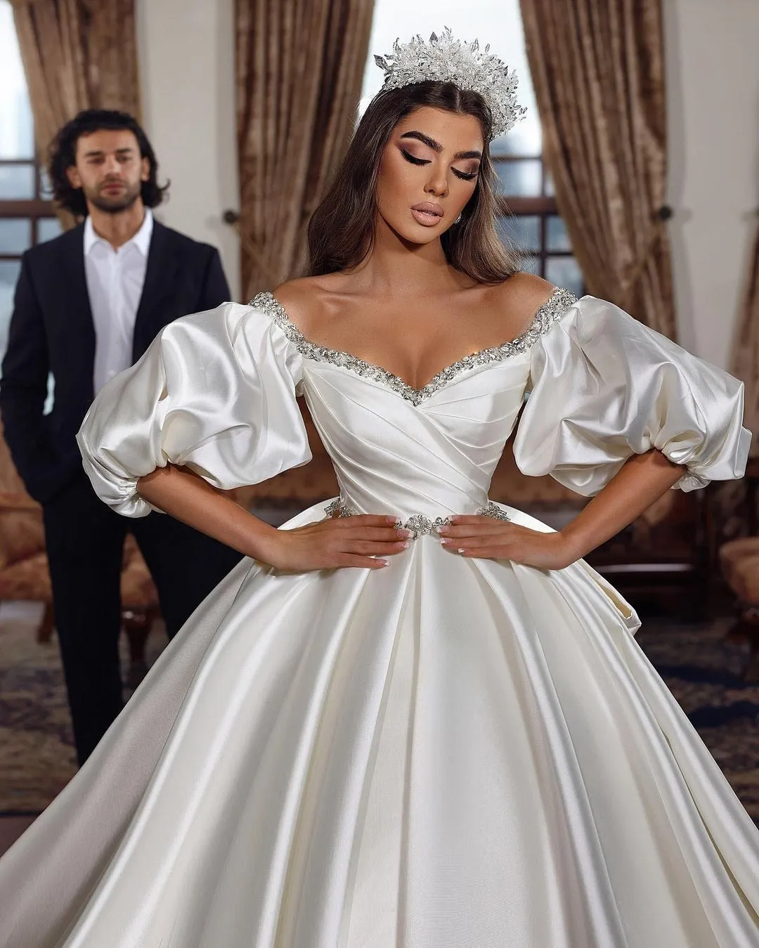 Biztunnel Ivory Long Ball Gown Off the Shoulder Satin Wedding Dress With Sleeves