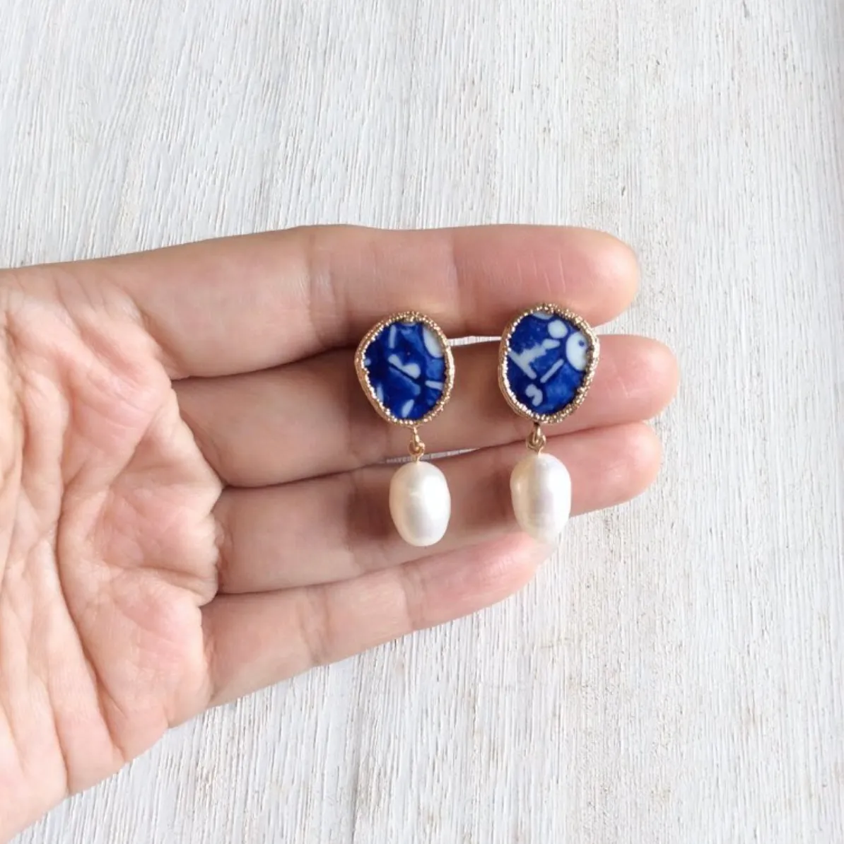 Blue And White Porcelain And Pearl Earrings