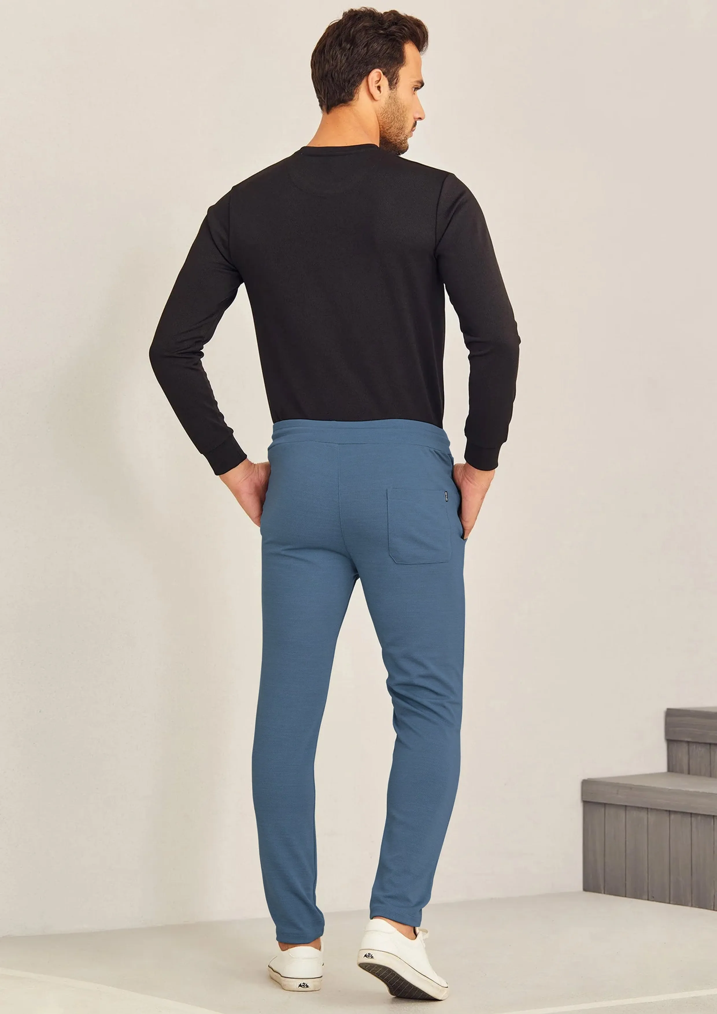 Blue Textured 4-Way Stretch Track Pant