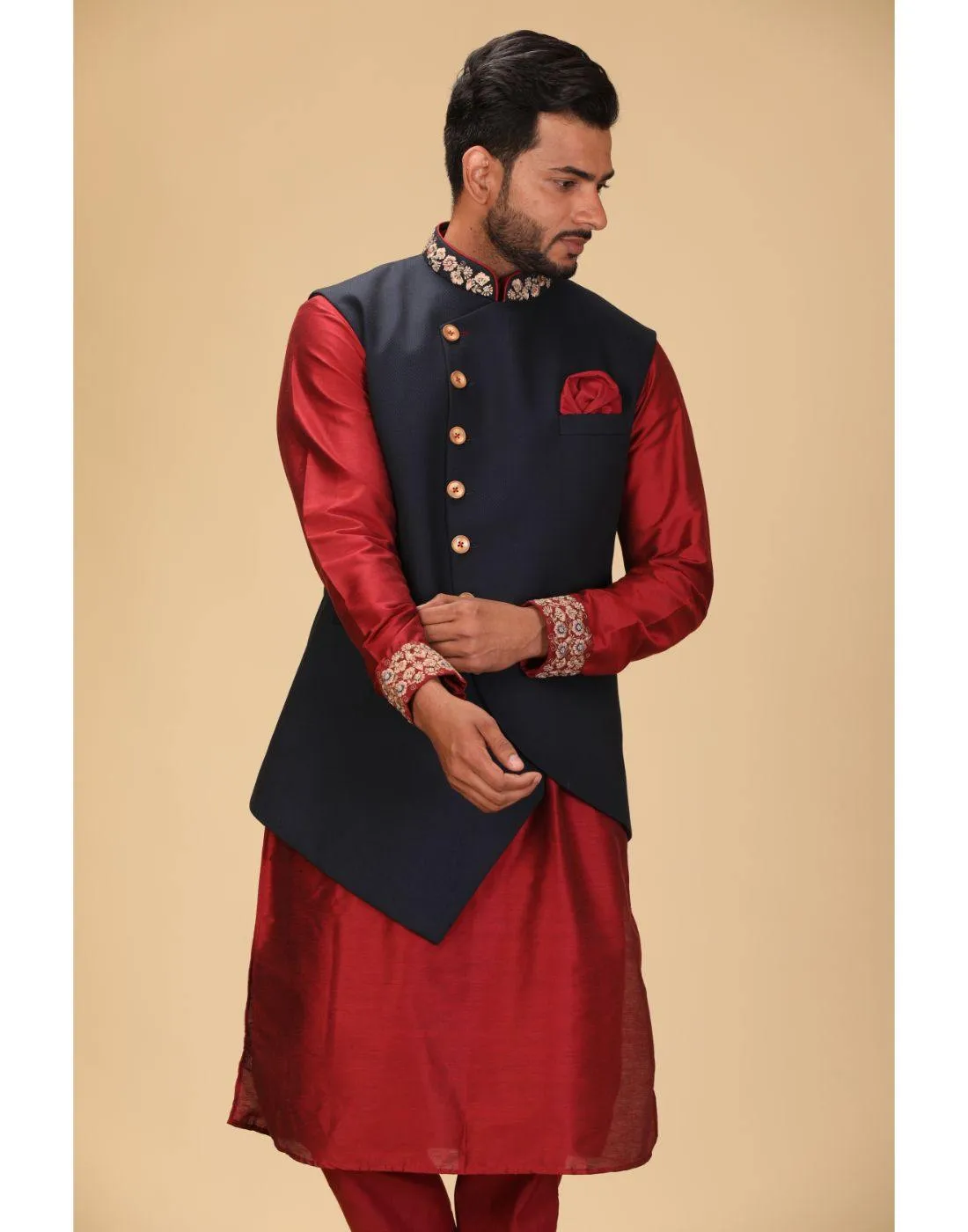 BluesnGreys Designer Red Color Kurta Pant Nehru Jacket - Rent