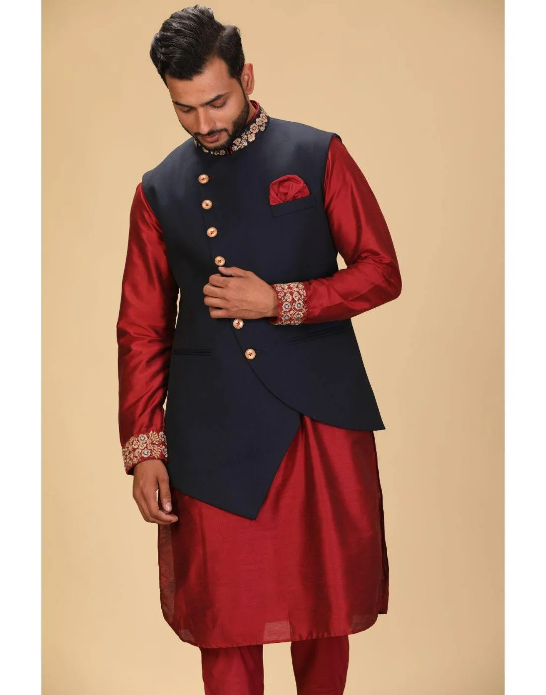 BluesnGreys Designer Red Color Kurta Pant Nehru Jacket - Rent