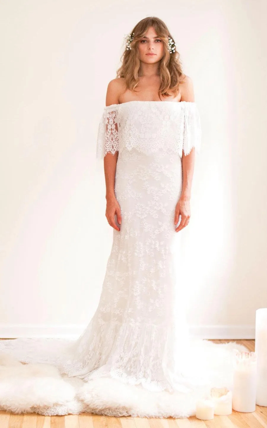 Boho Off-Shoulder Sheath Scalloped Lace Wedding Dress With Long Train-ET_711235