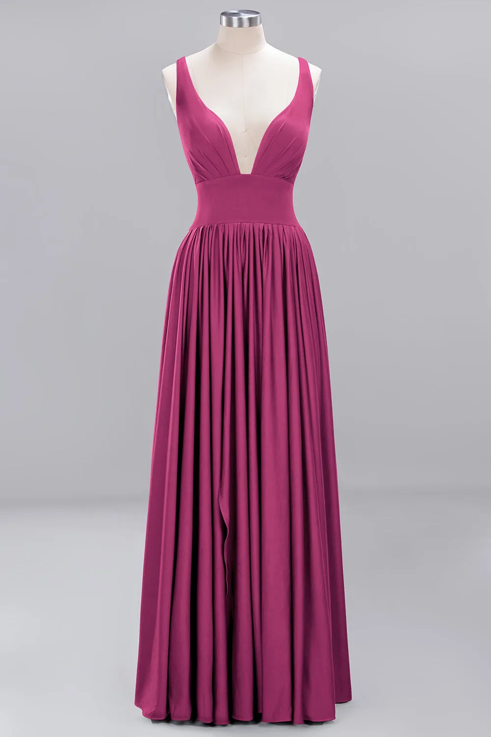 Burgundy Long A-Line V-Neck Sleeveless Ruffles Bridesmaid Dress with Slit