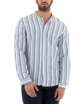 Camicia Uomo Collo Coreano Manica Lunga Lino Rigata Blu GIOSAL-C2710A