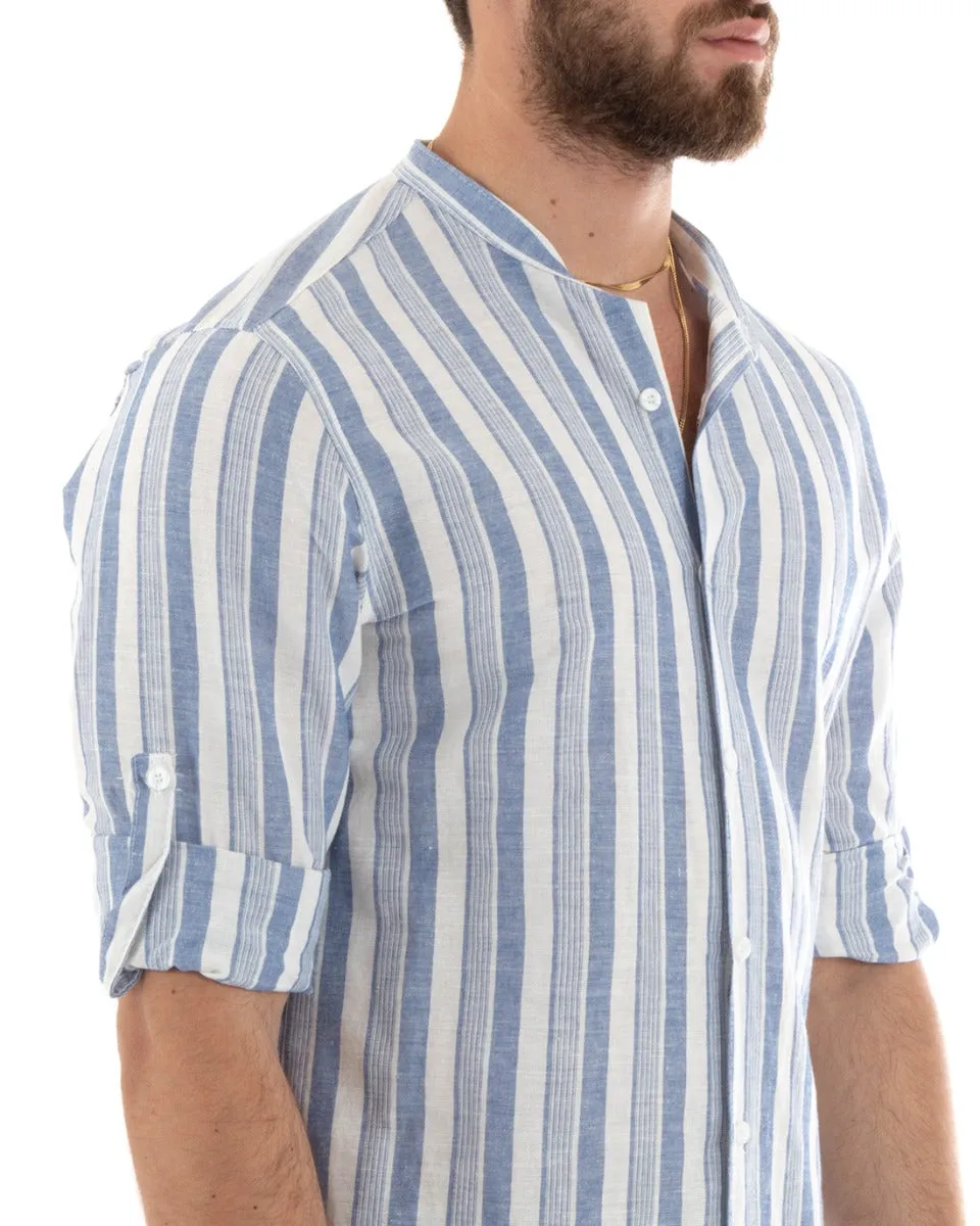 Camicia Uomo Collo Coreano Manica Lunga Lino Rigata Blu GIOSAL-C2710A