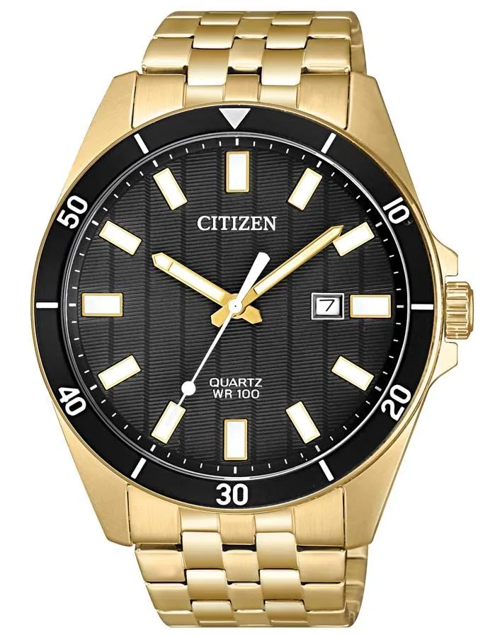 Citizen Quartz Mens Watch - Gold-Tone - Black Dial - Date - Bracelet