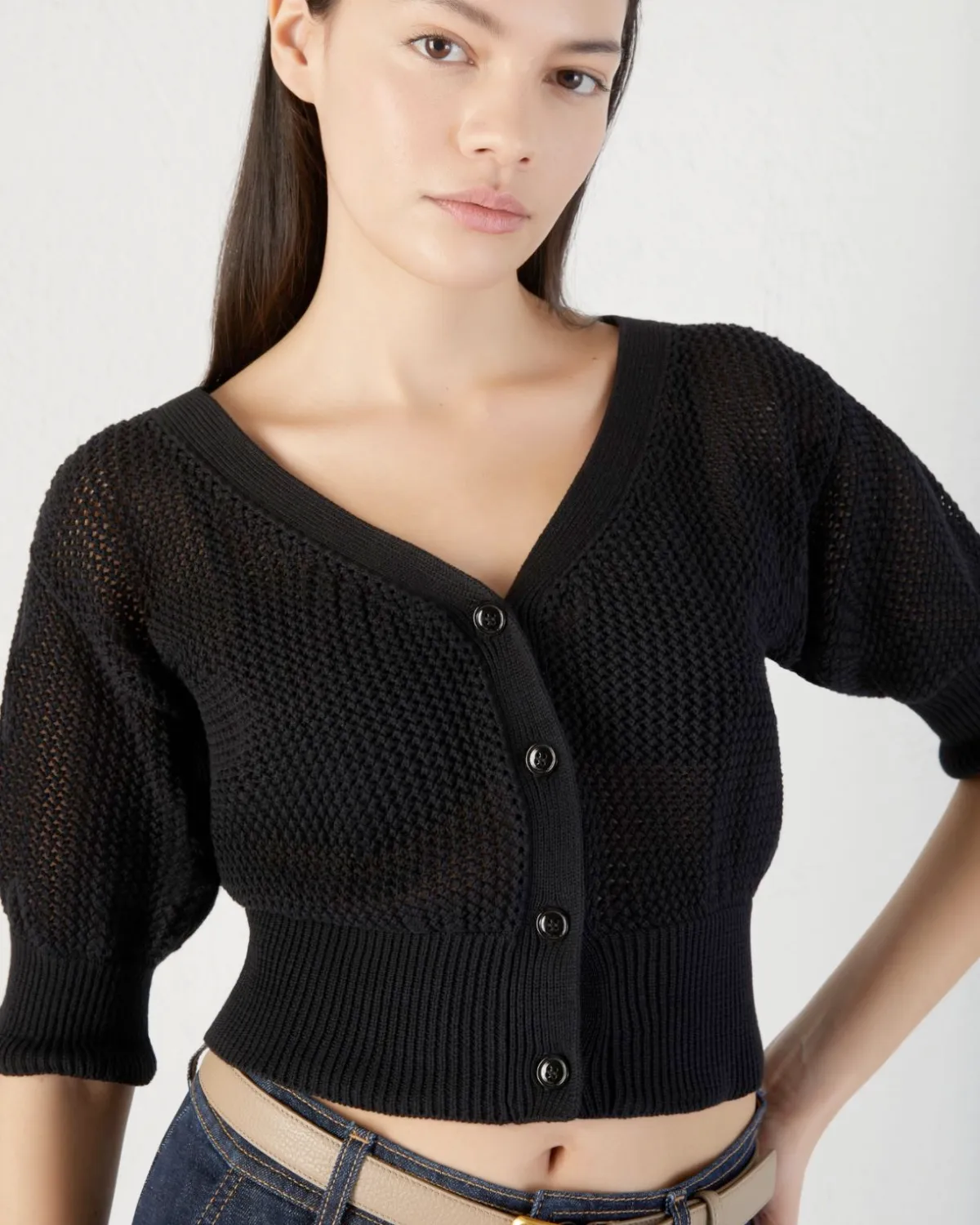 Cotton 1/2 Sleeve Crochet Cardigan (Black)