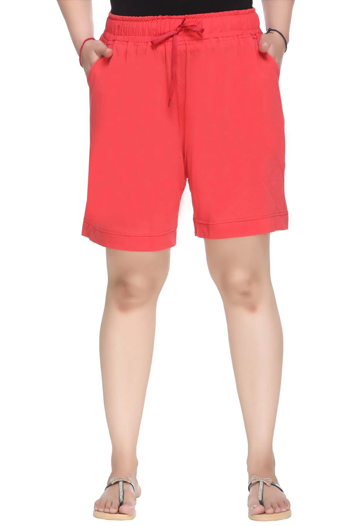 Cotton Shorts For Women - Plain Bermuda - Coral Red