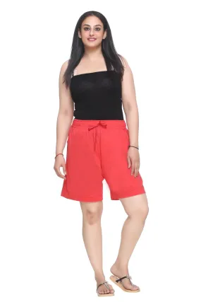 Cotton Shorts For Women - Plain Bermuda - Coral Red