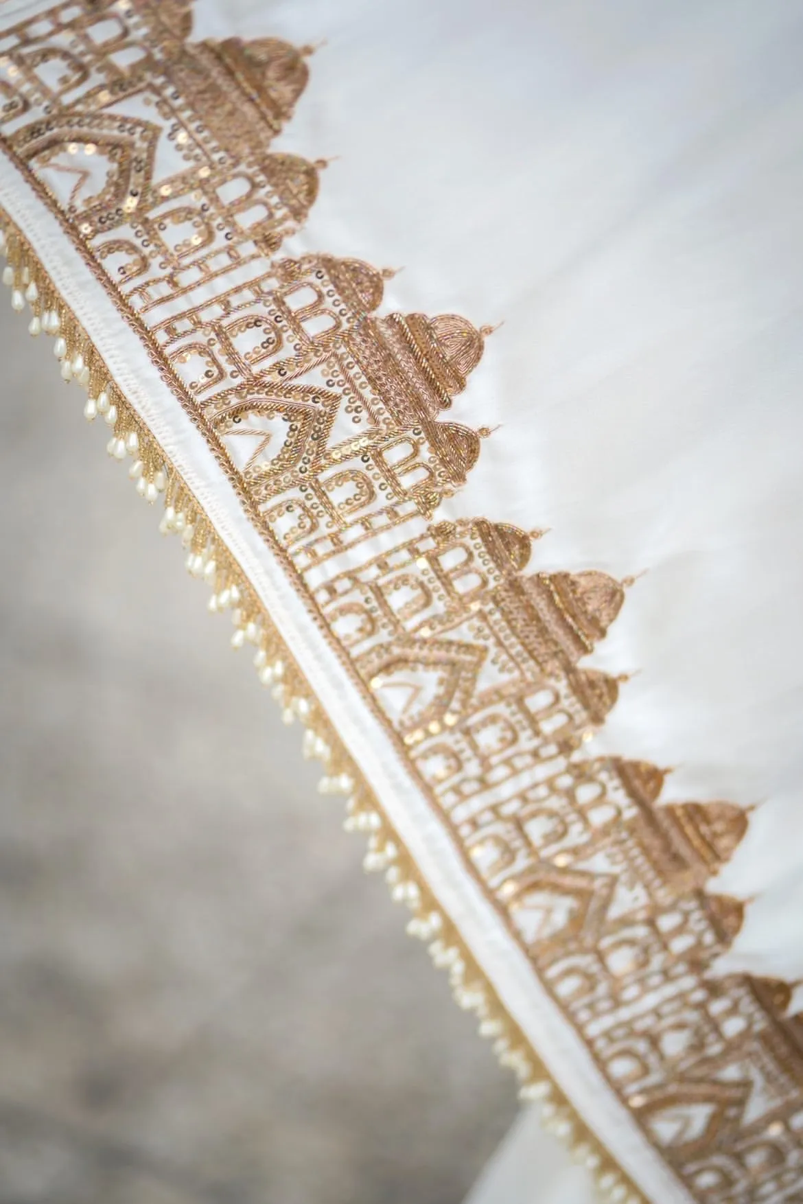 Cream Satin Silk Taj Mahal Saree