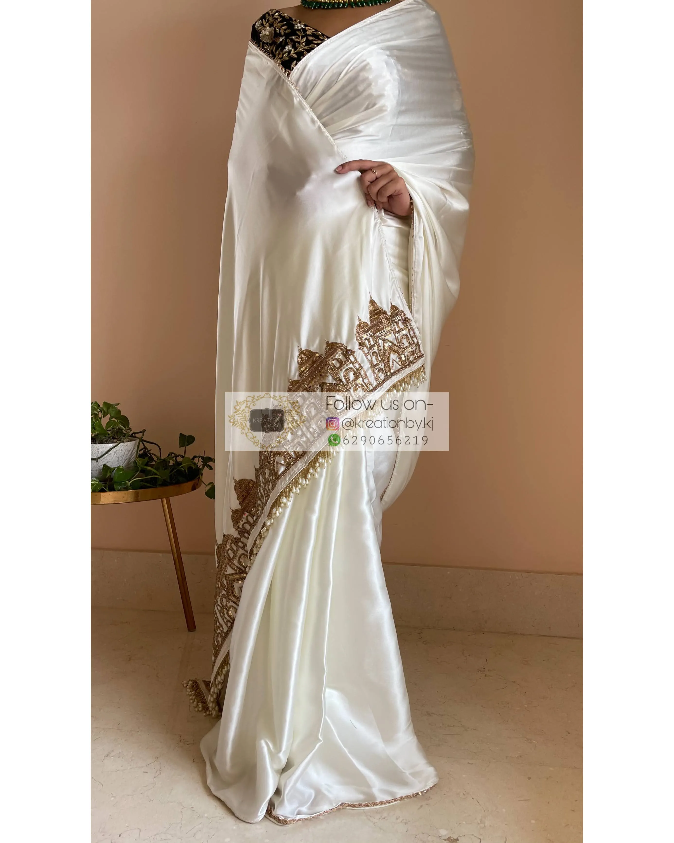 Cream Satin Silk Taj Mahal Saree