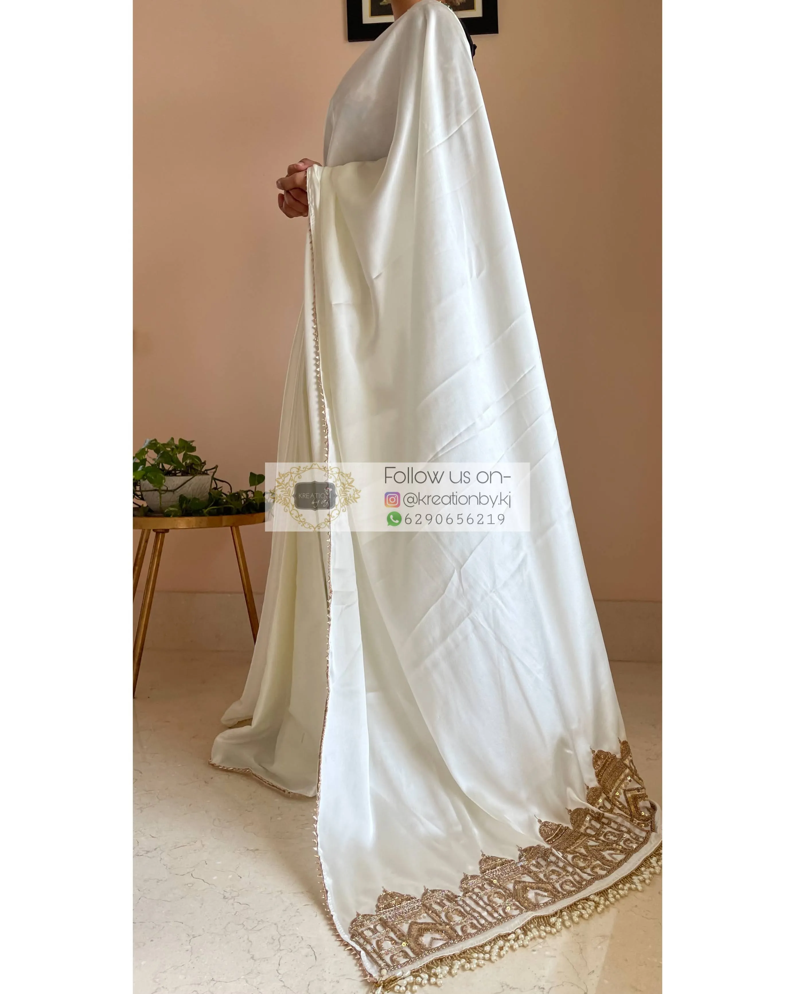 Cream Satin Silk Taj Mahal Saree